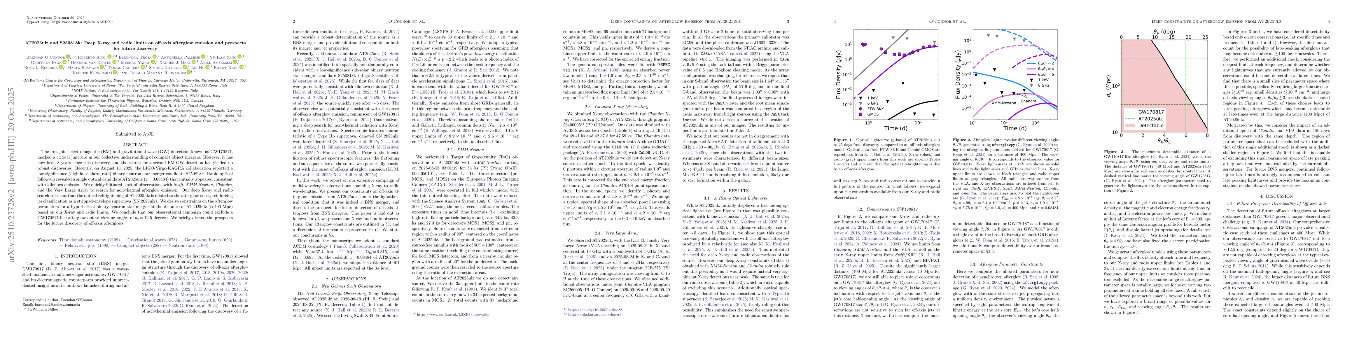Thumbnail for AT2025ulz and S250818k: Deep X-ray and radio limits on off-axis
  afterglow emission and prospects for future discovery