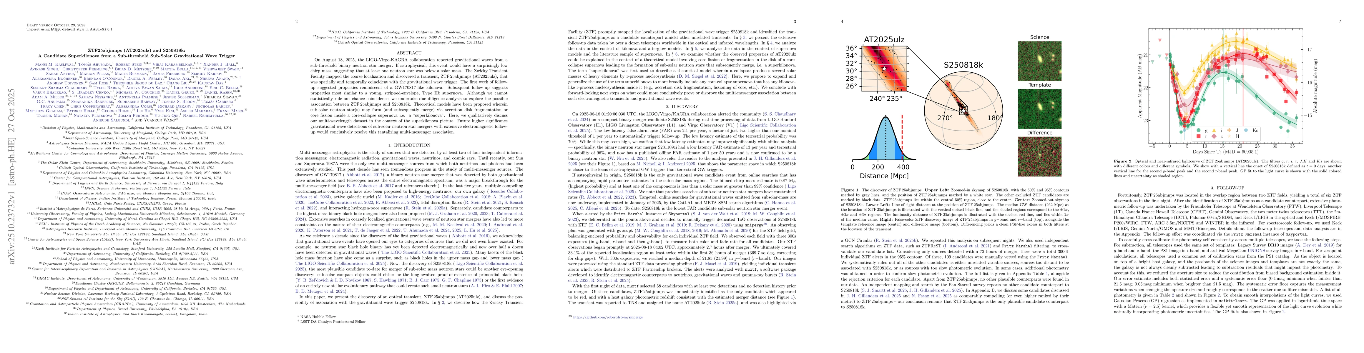 Thumbnail for ZTF25abjmnps (AT2025ulz) and S250818k: A Candidate Superkilonova from a
  Sub-threshold Sub-Solar Gravitational Wave Trigger