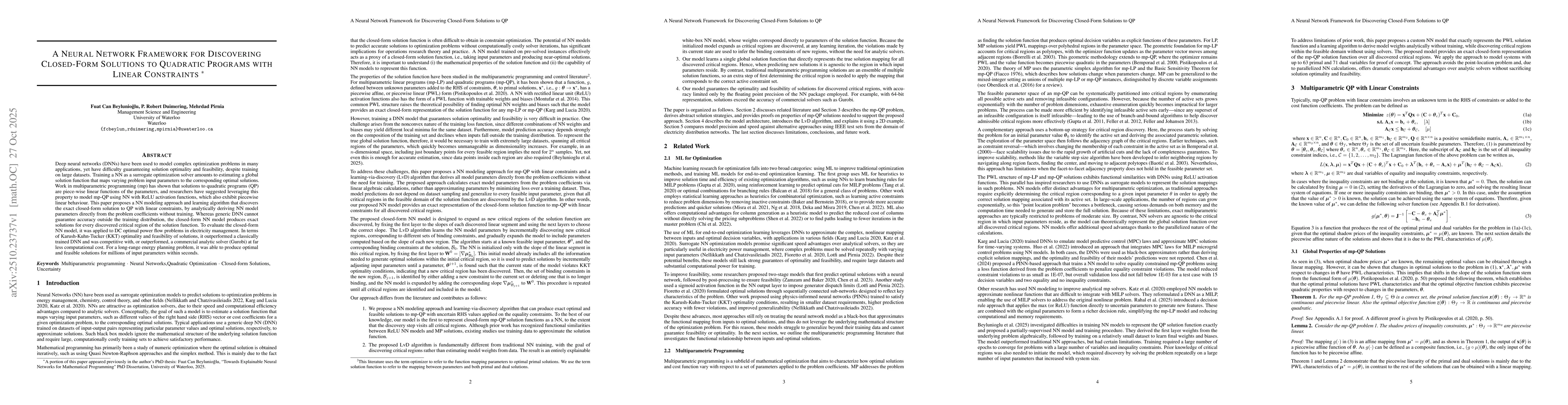 Thumbnail for A Neural Network Framework for Discovering Closed-form Solutions to
  Quadratic Programs with Linear Constraints