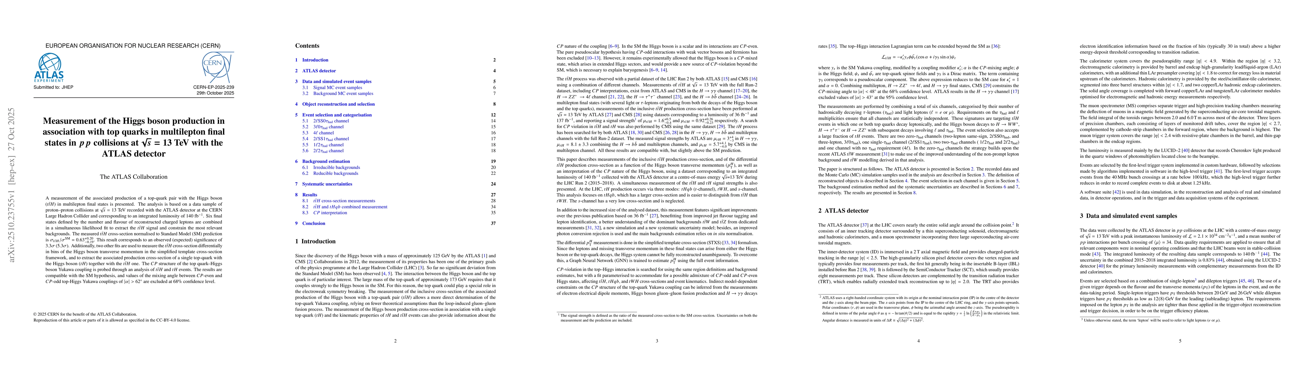 Thumbnail for Measurement of the Higgs boson production in association with top quarks
  in multilepton final states in $pp$ collisions at $\sqrt{s}=13$ TeV with the
  ATLAS detector