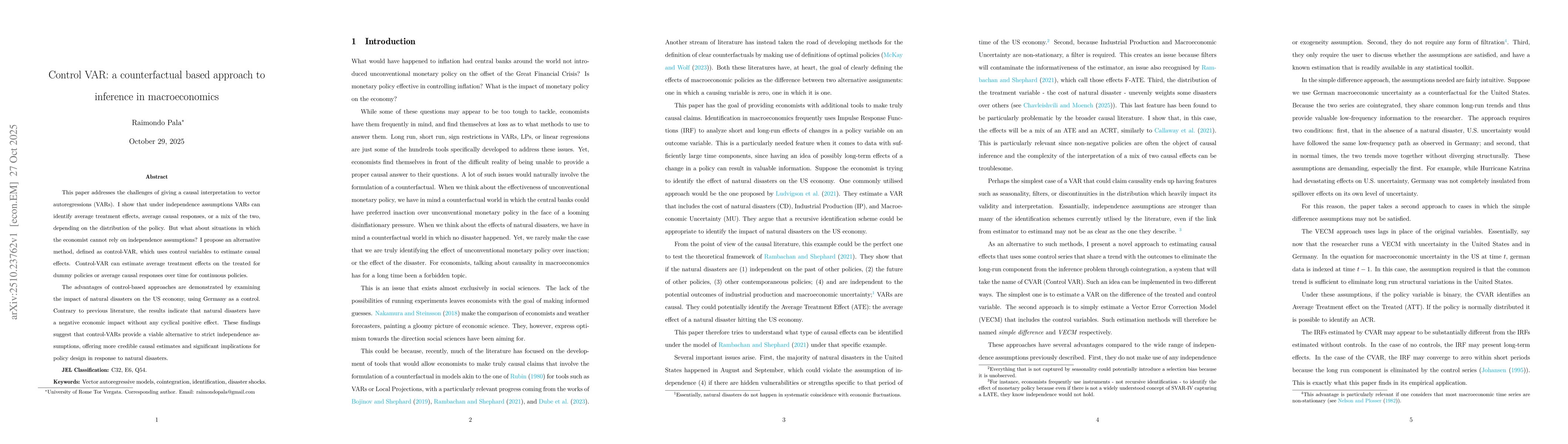 Thumbnail for Control VAR: a counterfactual based approach to inference in
  macroeconomics