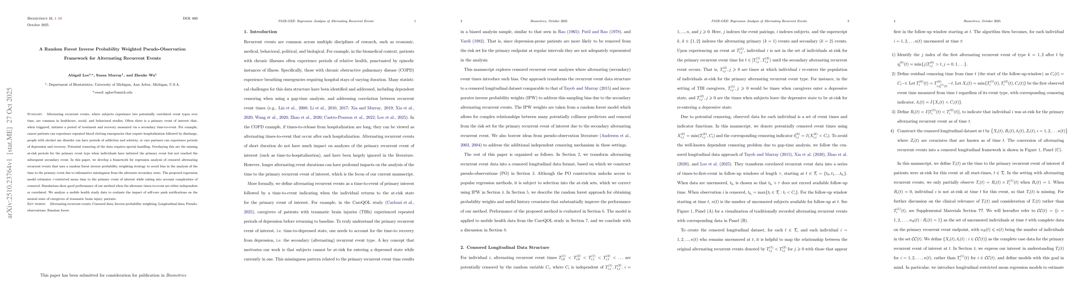 Thumbnail for A Random Forest Inverse Probability Weighted Pseudo-Observation
  Framework for Alternating Recurrent Events