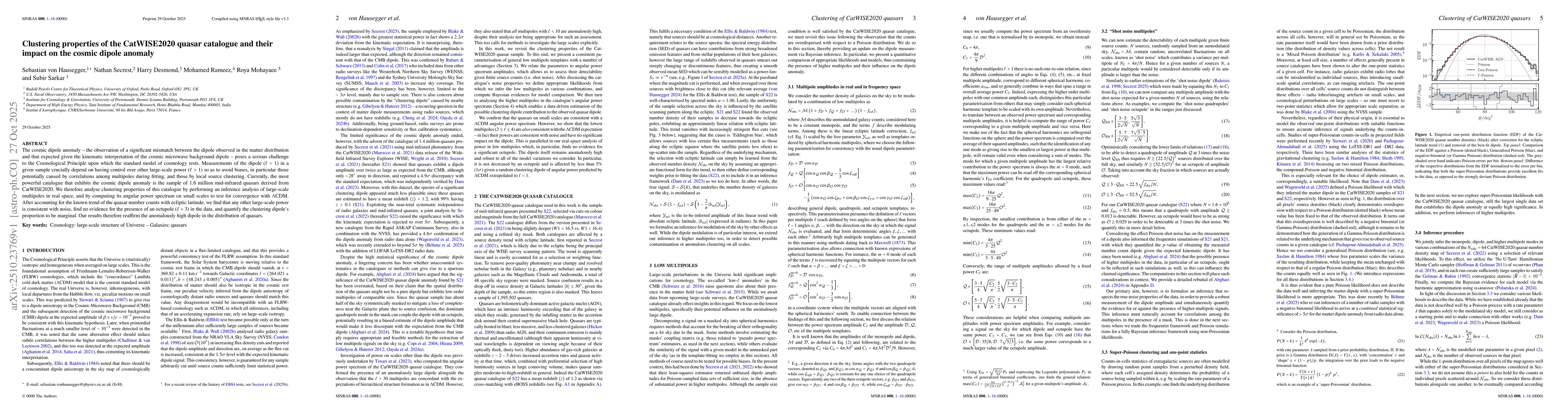 Thumbnail for Clustering properties of the CatWISE2020 quasar catalogue and their
  impact on the cosmic dipole anomaly