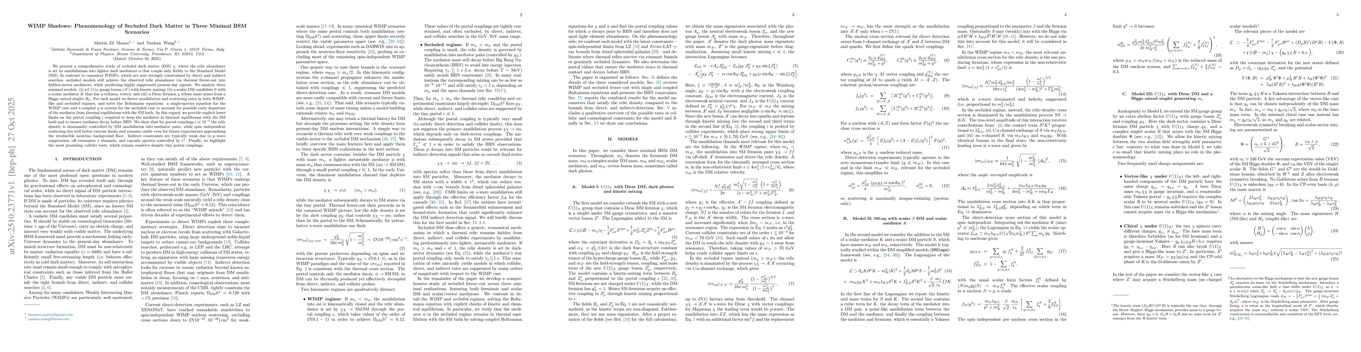Thumbnail for WIMP Shadows: Phenomenology of Secluded Dark Matter in Three Minimal BSM
  Scenarios
