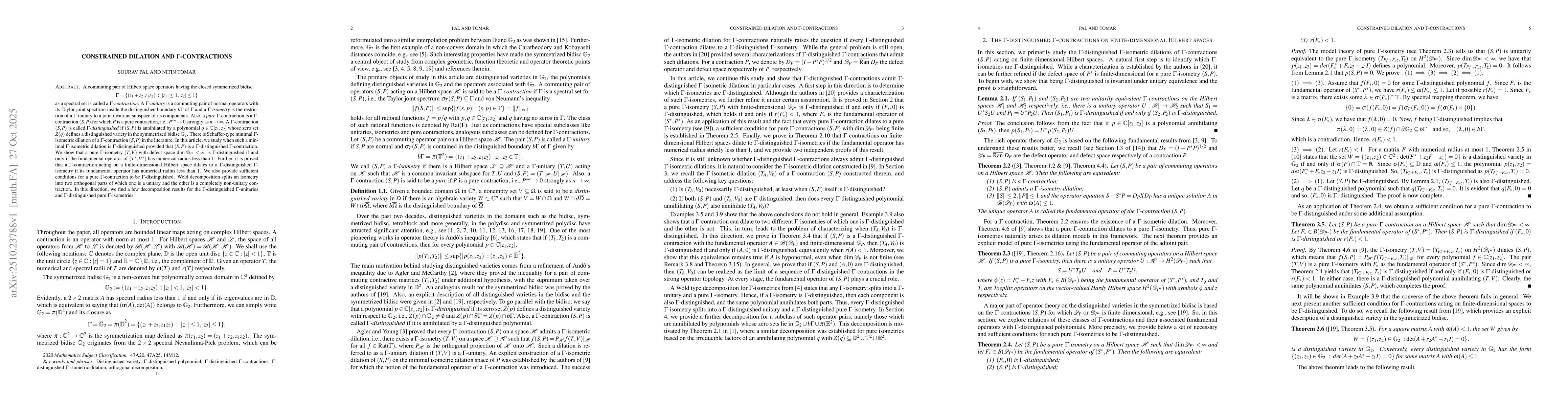 Thumbnail for Constrained dilation and $Γ$-contractions