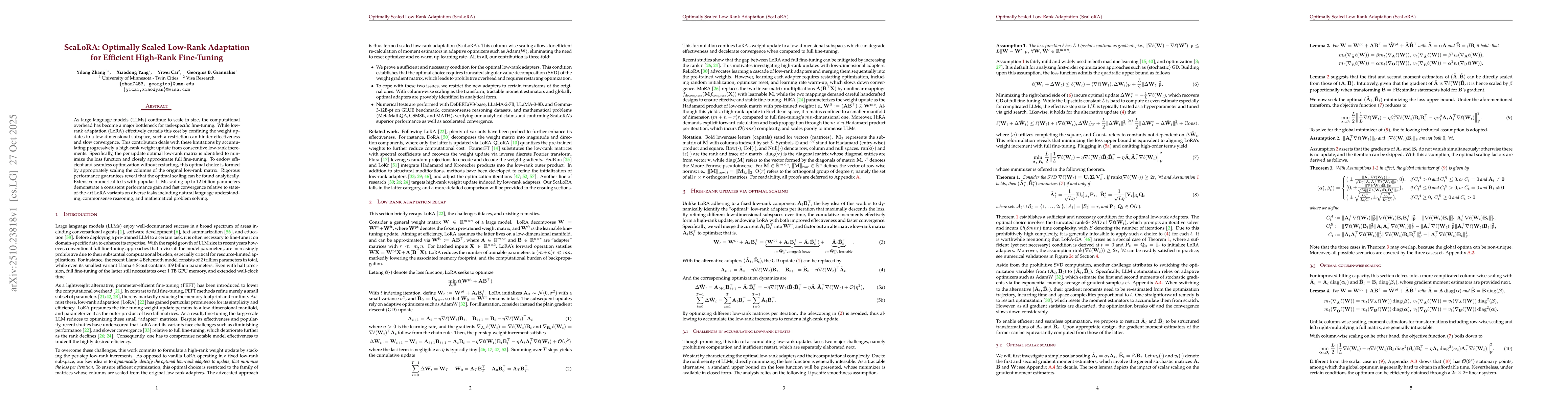 Thumbnail for ScaLoRA: Optimally Scaled Low-Rank Adaptation for Efficient High-Rank
  Fine-Tuning