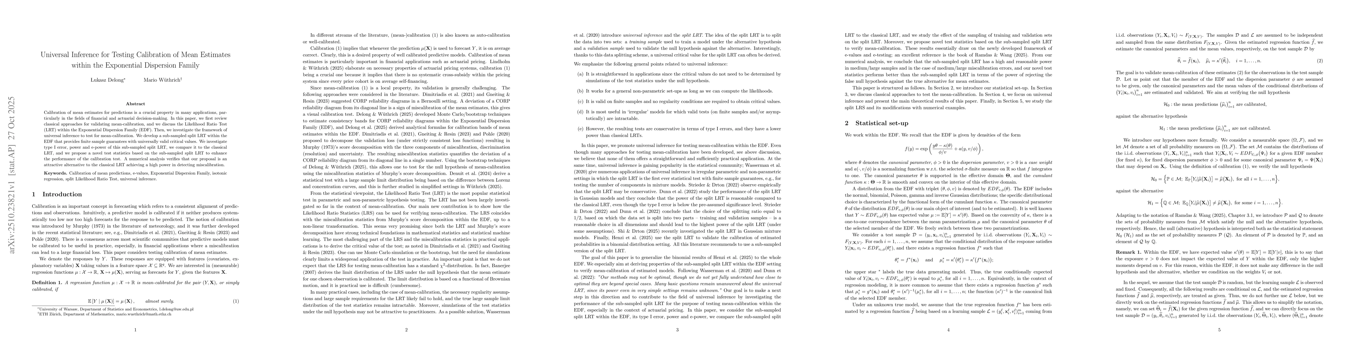 Thumbnail for Universal Inference for Testing Calibration of Mean Estimates within the
  Exponential Dispersion Family