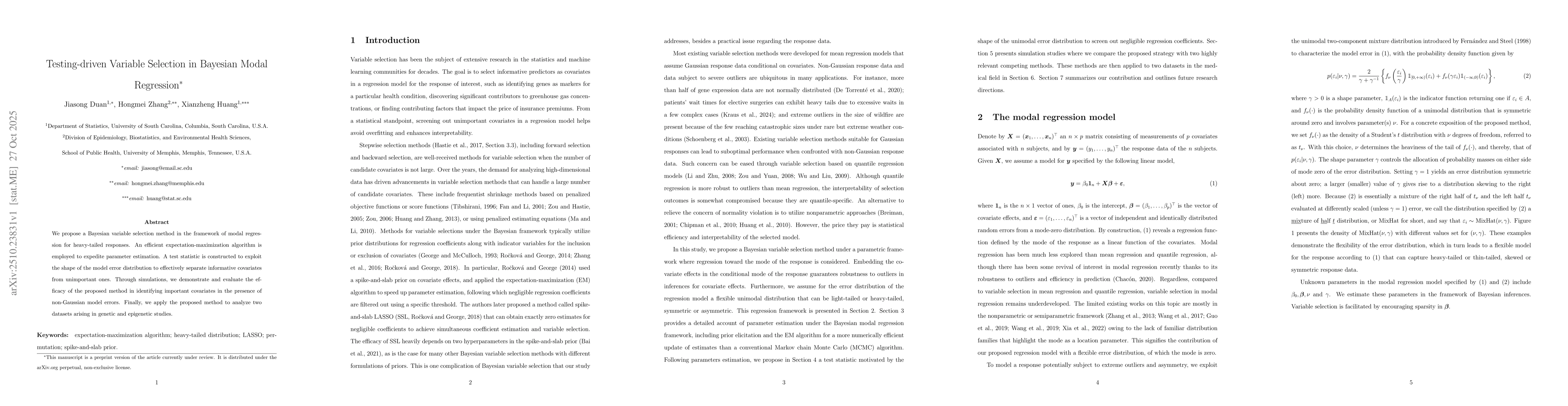 Thumbnail for Testing-driven Variable Selection in Bayesian Modal Regression