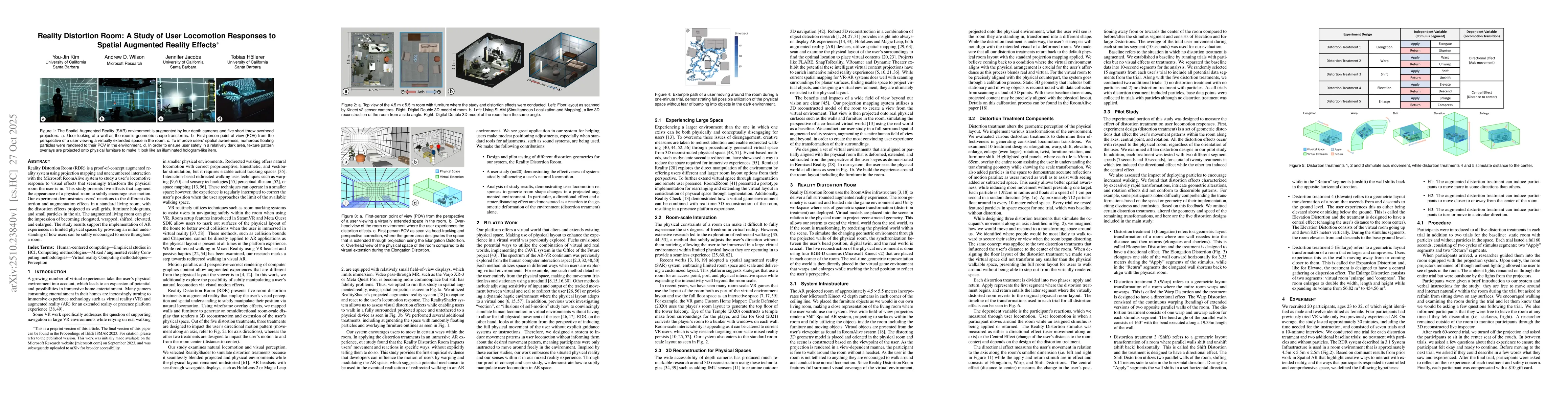 Thumbnail for Reality Distortion Room: A Study of User Locomotion Responses to Spatial
  Augmented Reality Effects