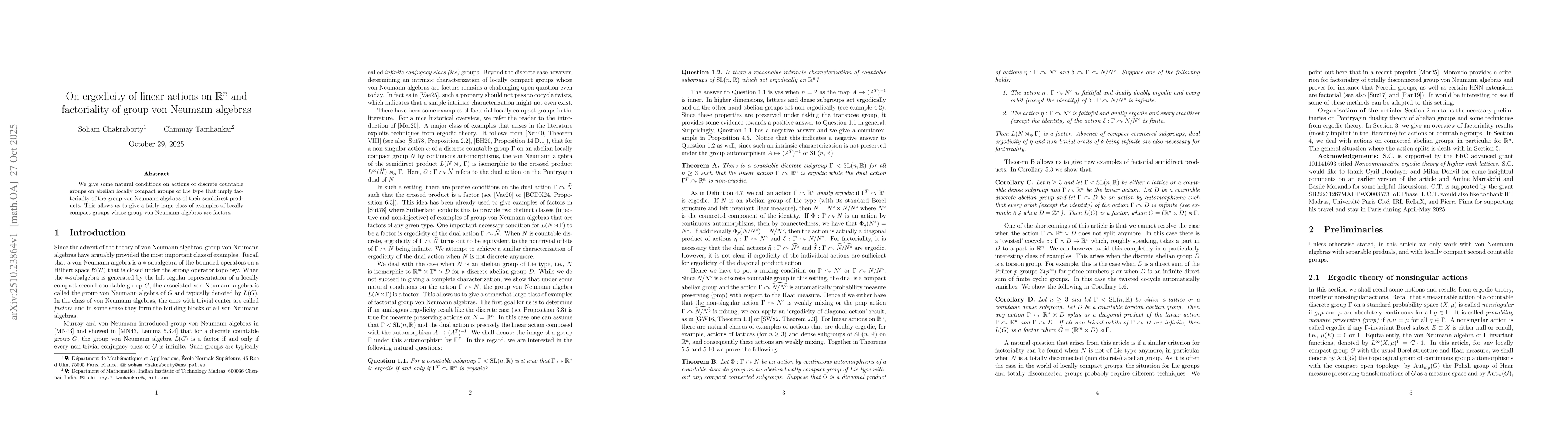 Thumbnail for On ergodicity of linear actions on $\mathbb{R}^n$ and factoriality of
  group von Neumann algebras