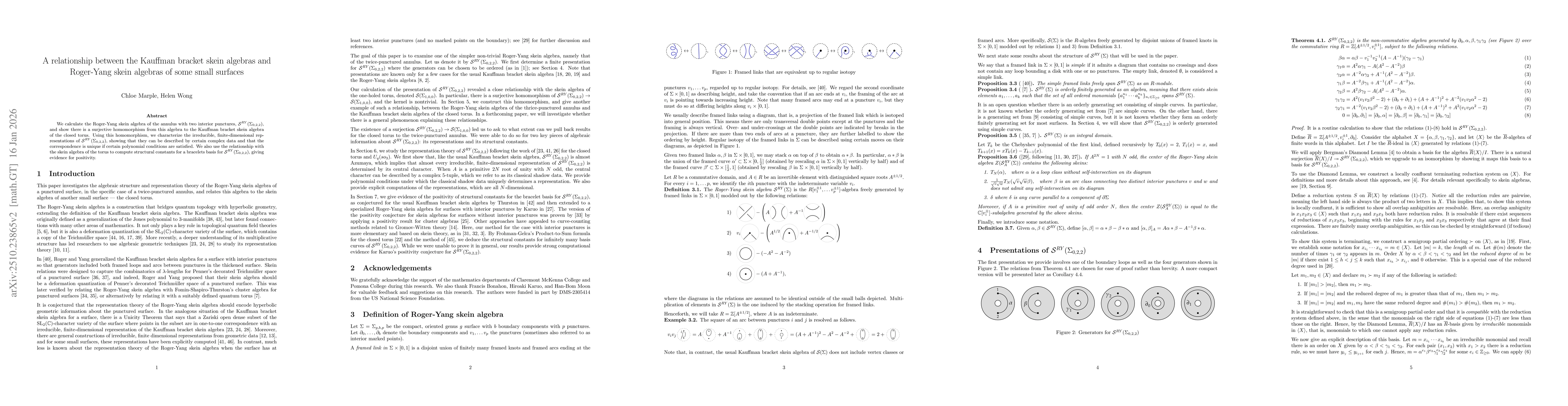 Thumbnail for A relationship between the Kauffman bracket skein algebras and
  Roger-Yang skein algebras of some small surfaces
