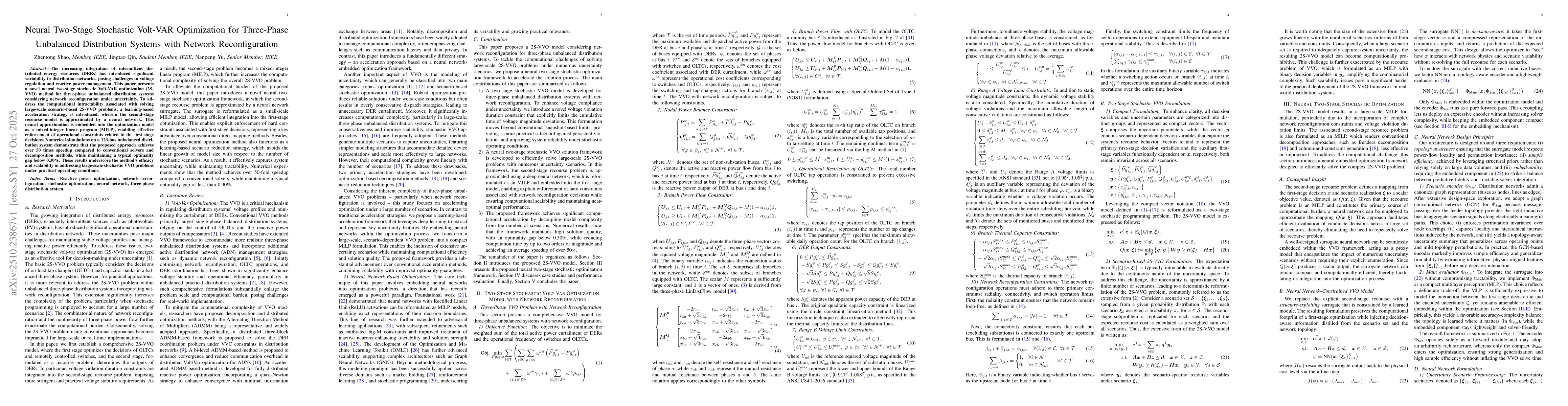 Thumbnail for Neural Two-Stage Stochastic Volt-VAR Optimization for Three-Phase
  Unbalanced Distribution Systems with Network Reconfiguration