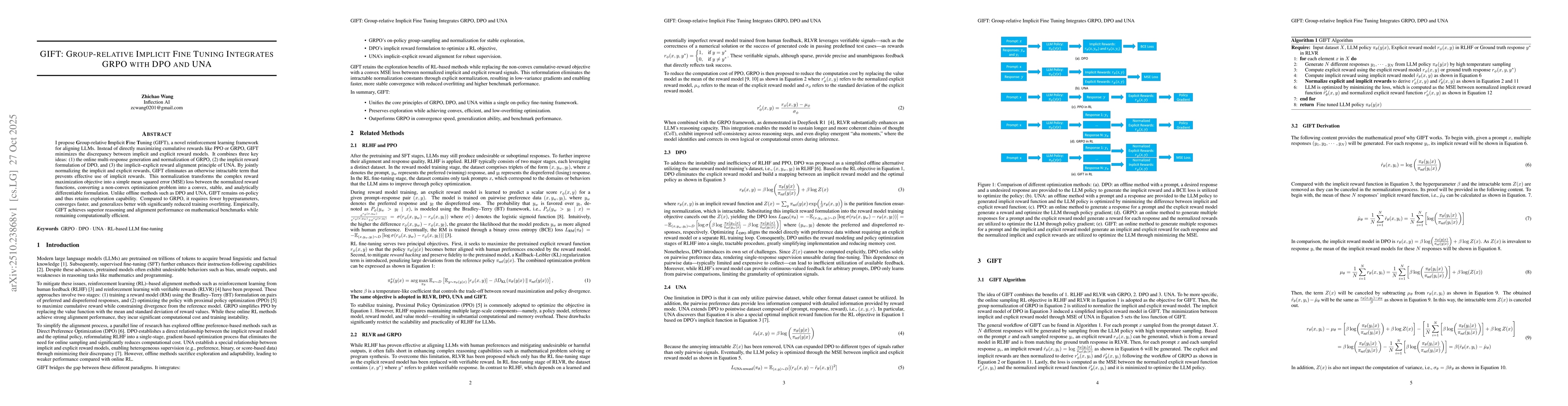 Thumbnail for GIFT: Group-relative Implicit Fine Tuning Integrates GRPO with DPO and
  UNA