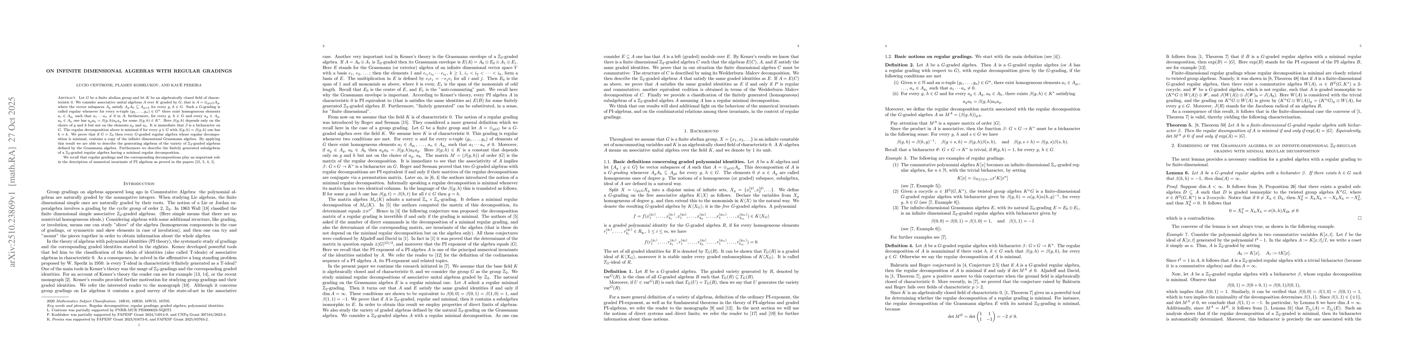 Thumbnail for On infinite dimensional algebras with regular gradings