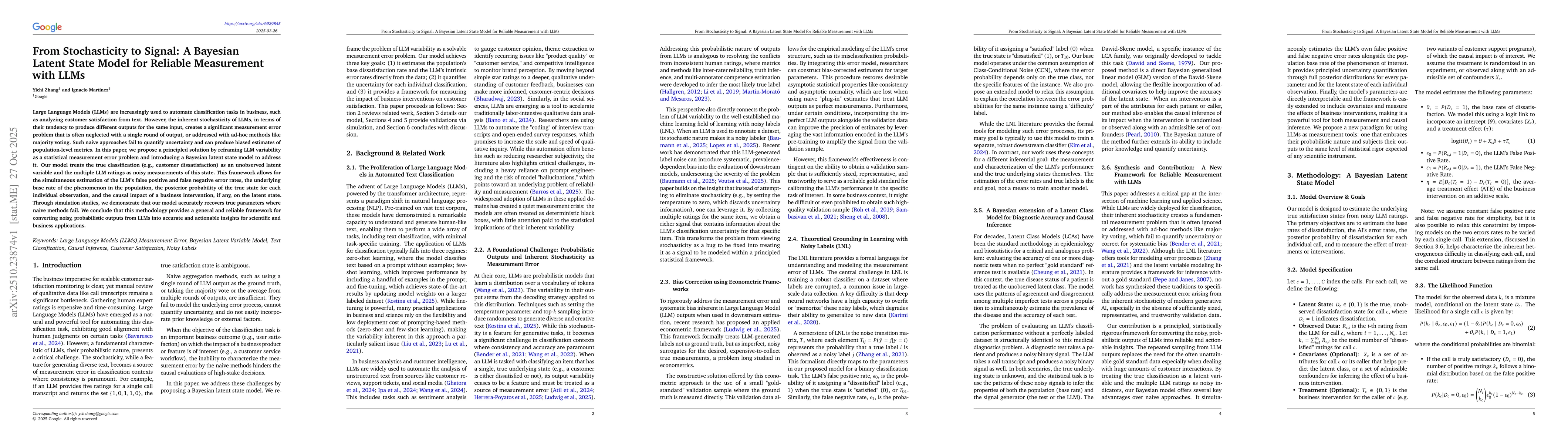 Thumbnail for From Stochasticity to Signal: A Bayesian Latent State Model for Reliable
  Measurement with LLMs