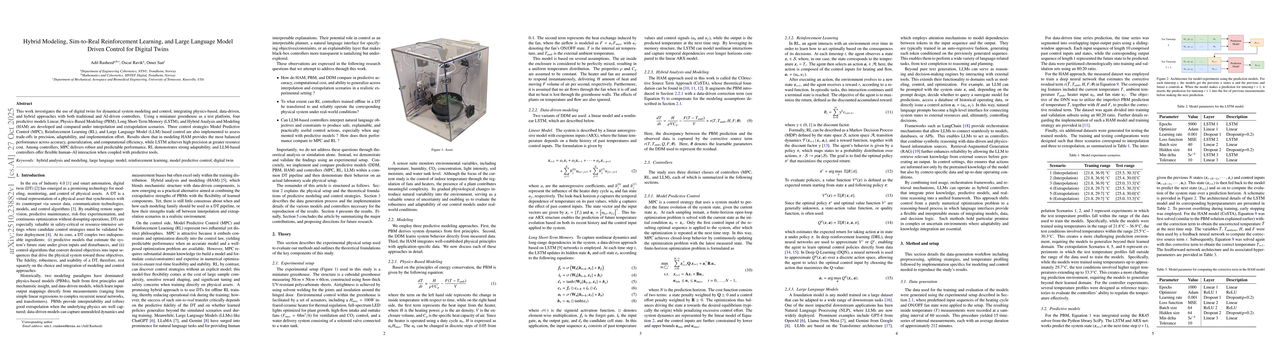 Thumbnail for Hybrid Modeling, Sim-to-Real Reinforcement Learning, and Large Language
  Model Driven Control for Digital Twins