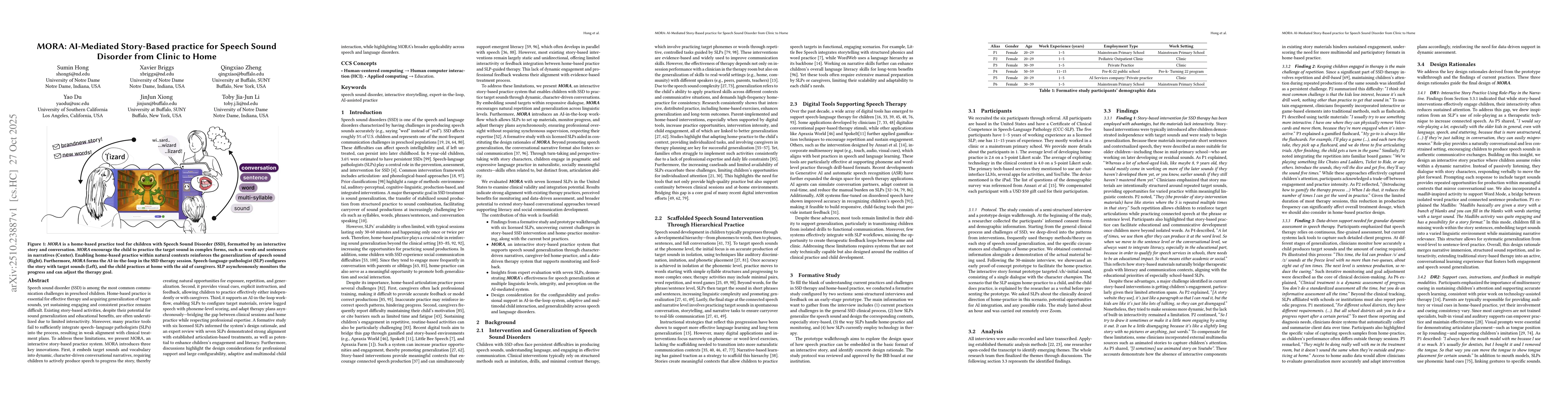 Thumbnail for MORA: AI-Mediated Story-Based practice for Speech Sound Disorder from
  Clinic to Home