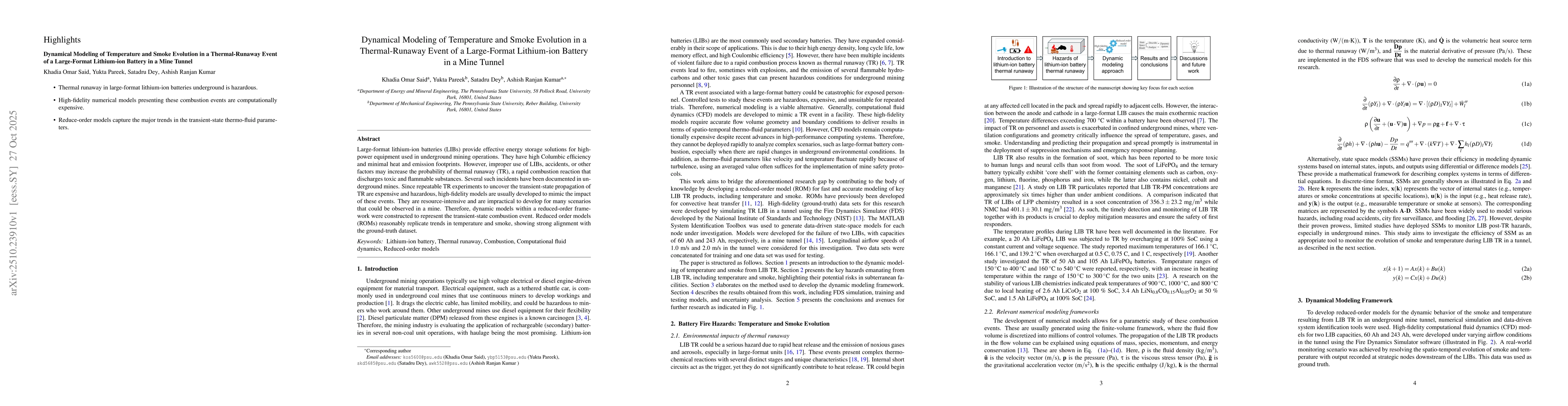 Thumbnail for Dynamical Modeling of Temperature and Smoke Evolution in a
  Thermal-Runaway Event of a Large-Format Lithium-ion Battery in a Mine Tunnel