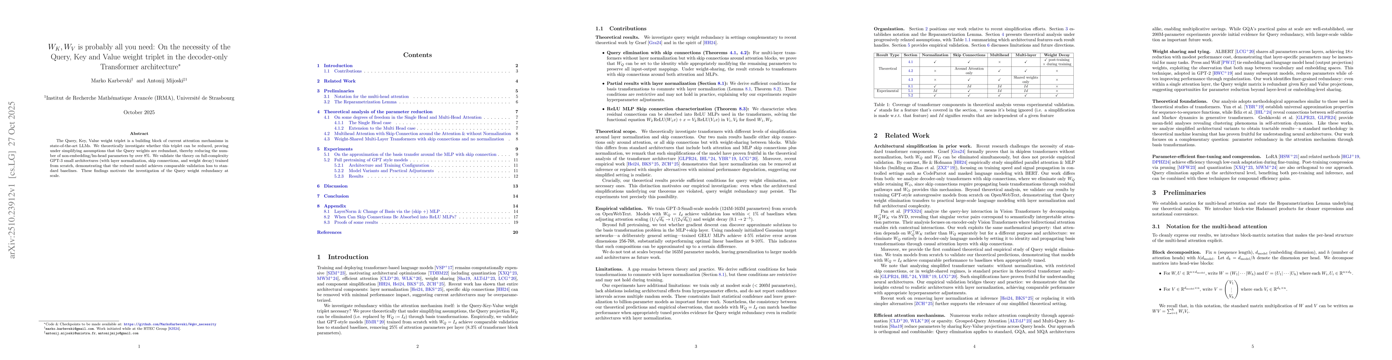 Thumbnail for Key and Value Weights Are Probably All You Need: On the Necessity of the
  Query, Key, Value weight Triplet in Decoder-Only Transformers