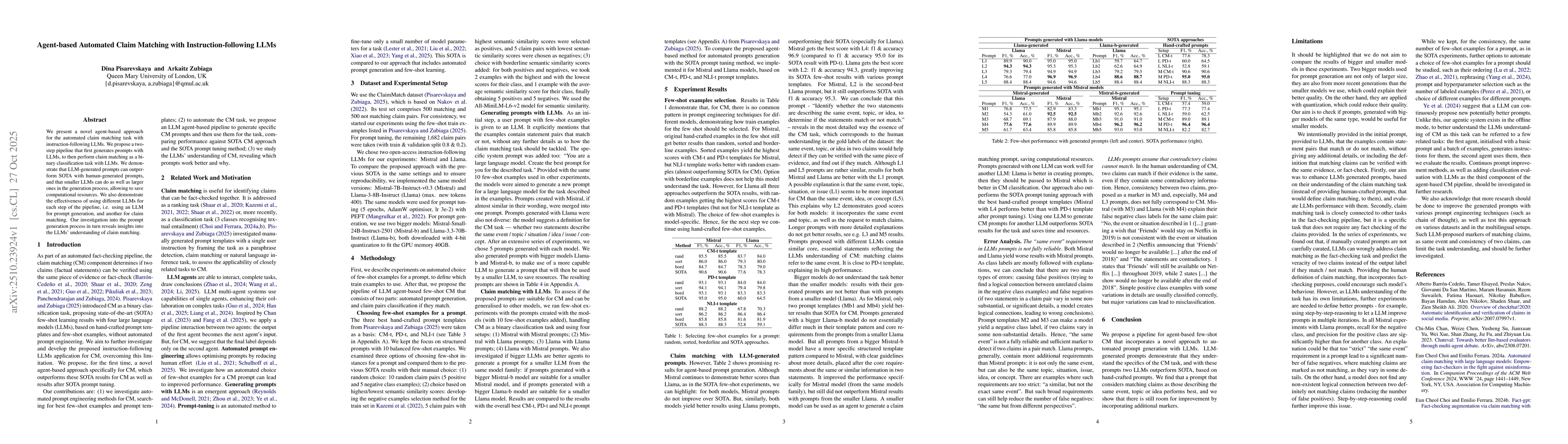 Thumbnail for Agent-based Automated Claim Matching with Instruction-following LLMs