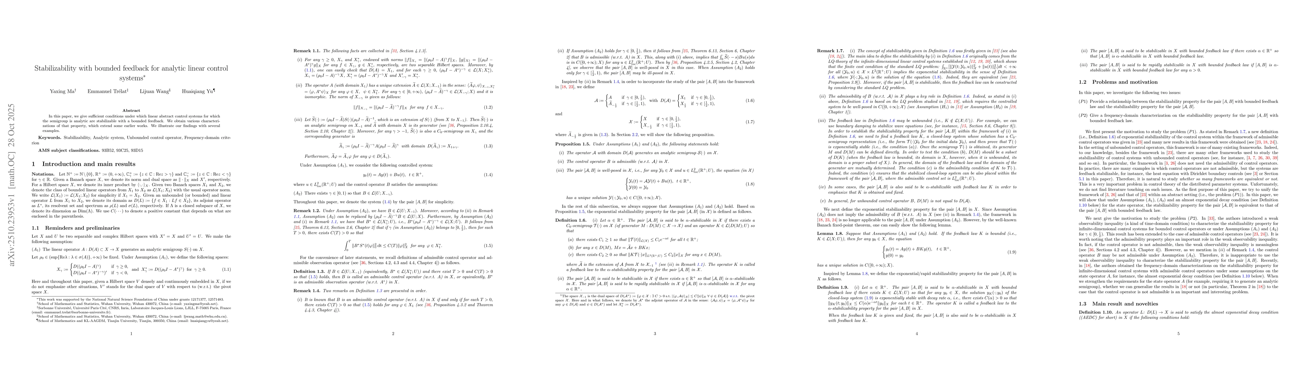 Thumbnail for Stabilizability with bounded feedback for analytic linear control
  systems