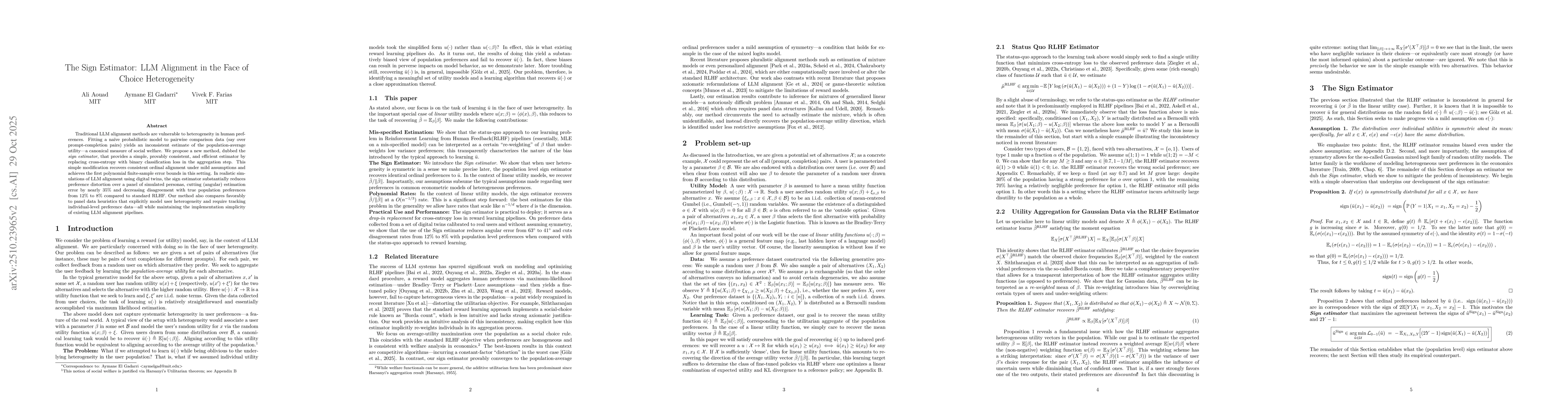 Thumbnail for The Sign Estimator: LLM Alignment in the Face of Choice Heterogeneity
