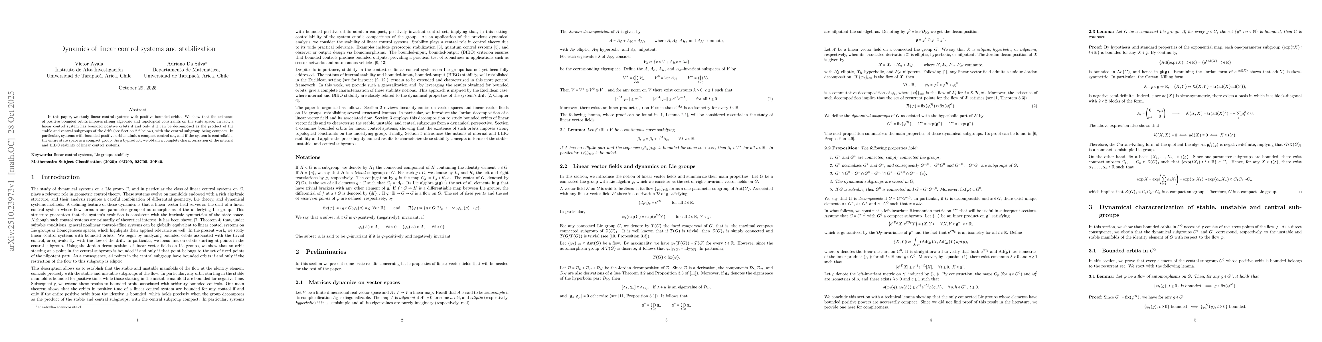 Thumbnail for Dynamics of linear control systems and stabilization
