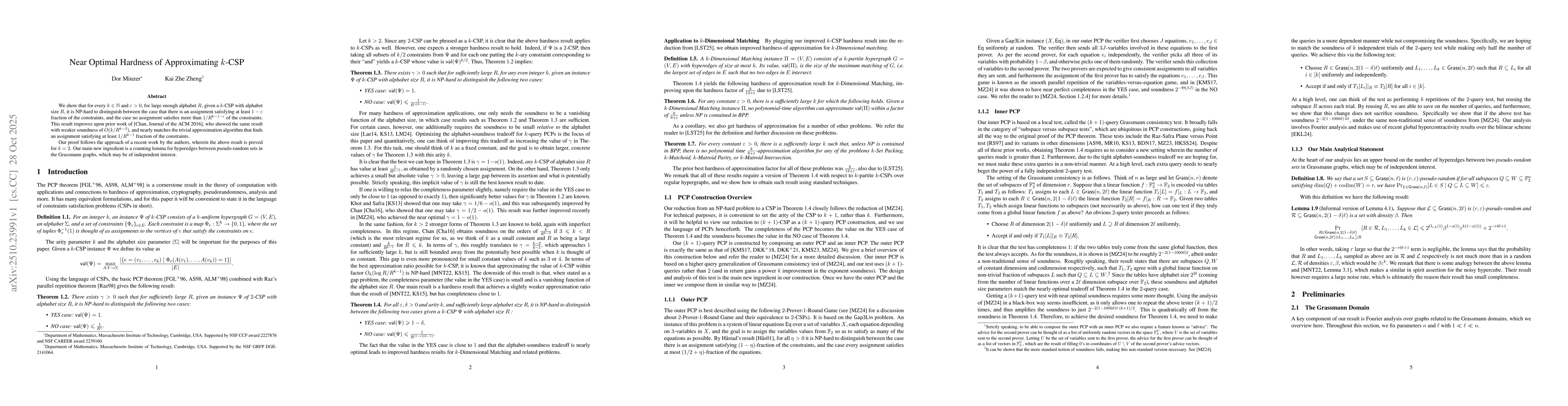 Thumbnail for Near Optimal Hardness of Approximating $k$-CSP