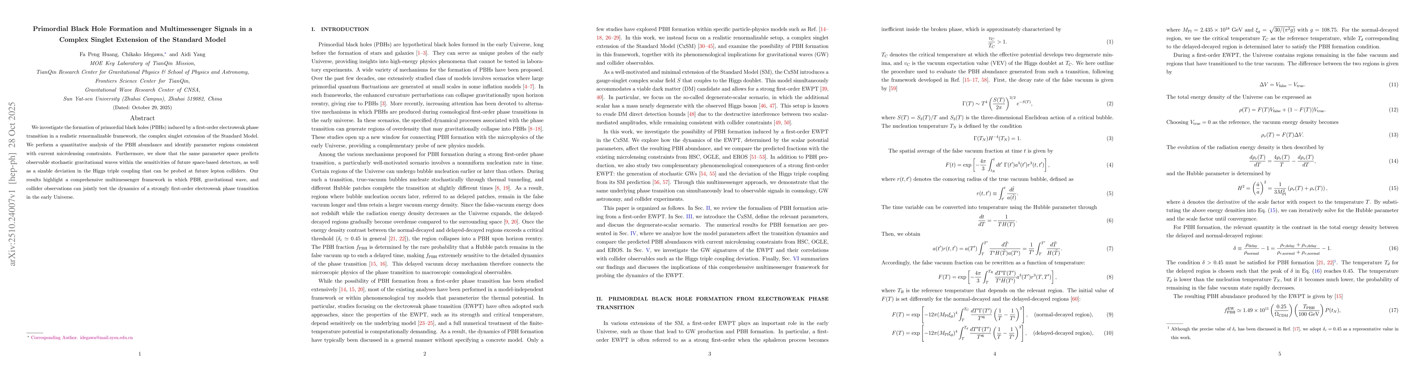 Thumbnail for Primordial Black Hole Formation and Multimessenger Signals in a Complex
  Singlet Extension of the Standard Model