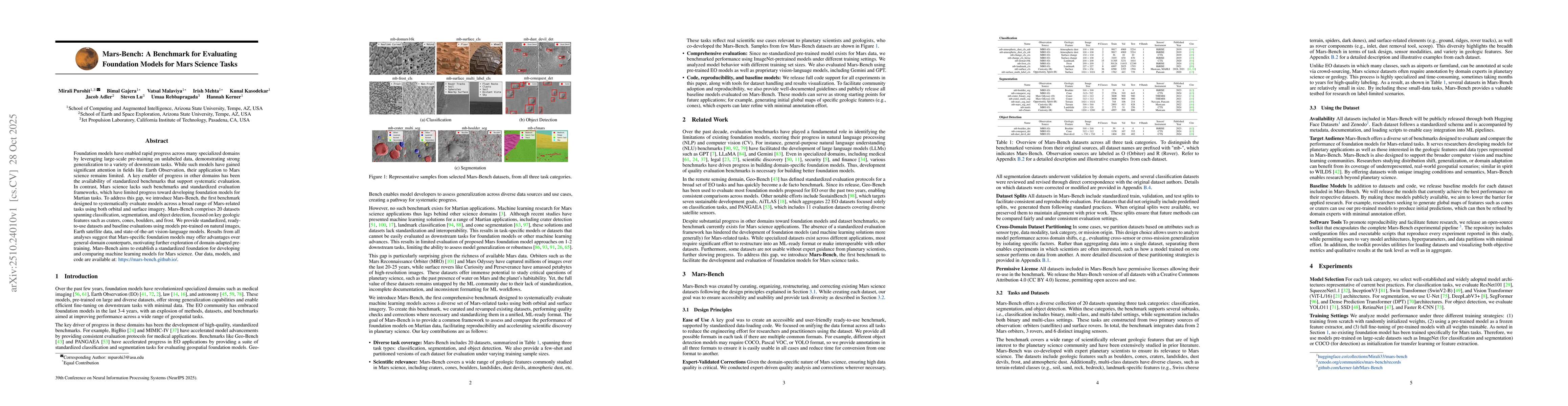 Thumbnail for Mars-Bench: A Benchmark for Evaluating Foundation Models for Mars
  Science Tasks