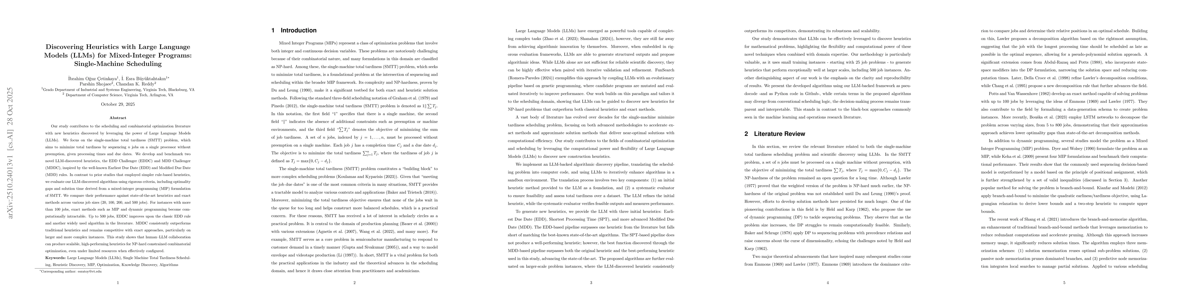 Thumbnail for Discovering Heuristics with Large Language Models (LLMs) for
  Mixed-Integer Programs: Single-Machine Scheduling