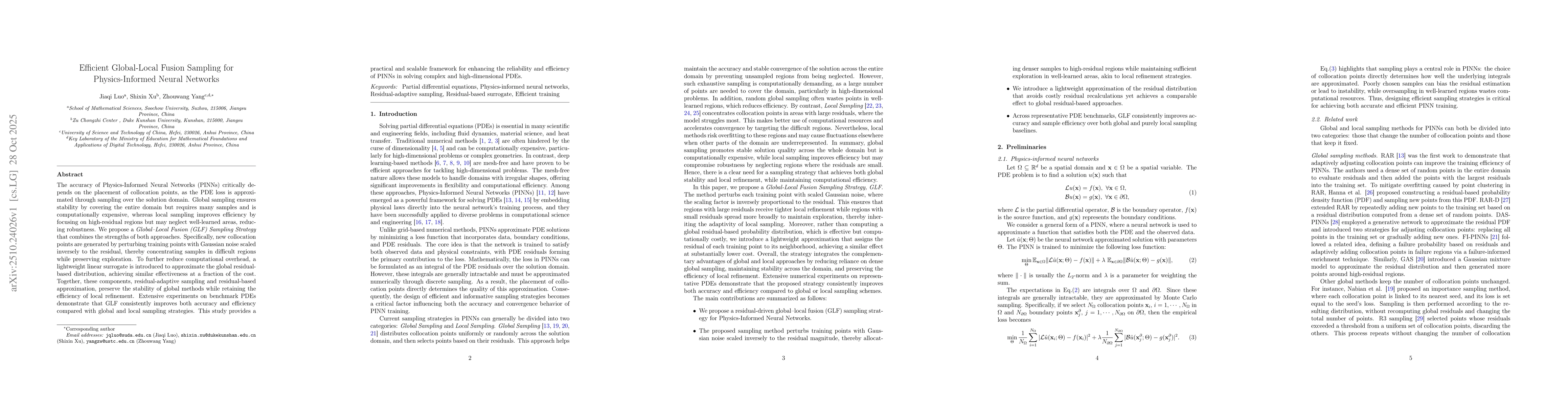 Thumbnail for Efficient Global-Local Fusion Sampling for Physics-Informed Neural
  Networks