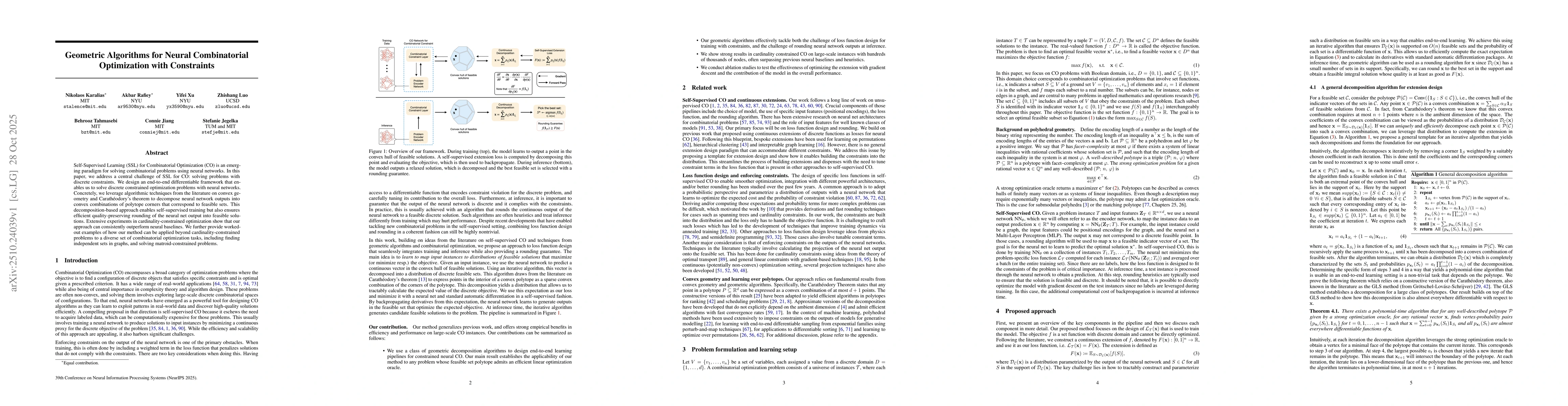 Thumbnail for Geometric Algorithms for Neural Combinatorial Optimization with
  Constraints