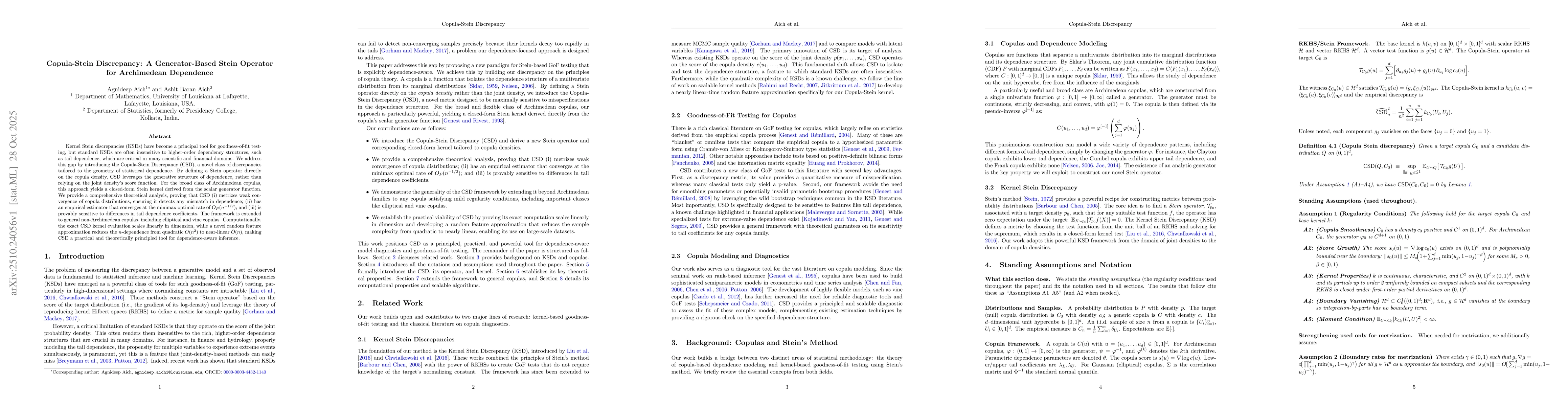 Thumbnail for Copula-Stein Discrepancy: A Generator-Based Stein Operator for
  Archimedean Dependence