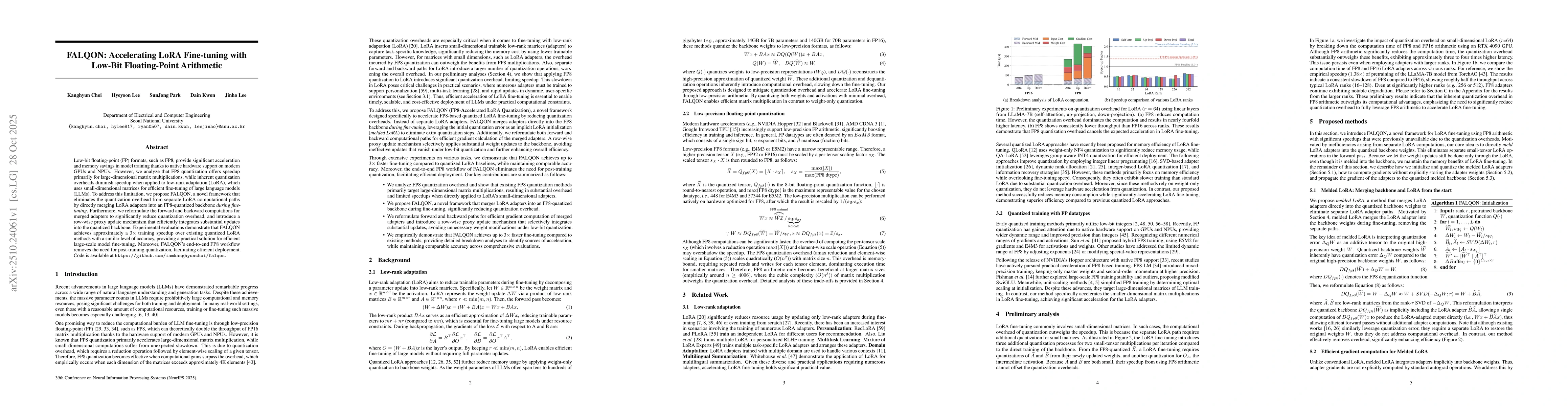 Thumbnail for FALQON: Accelerating LoRA Fine-tuning with Low-Bit Floating-Point
  Arithmetic