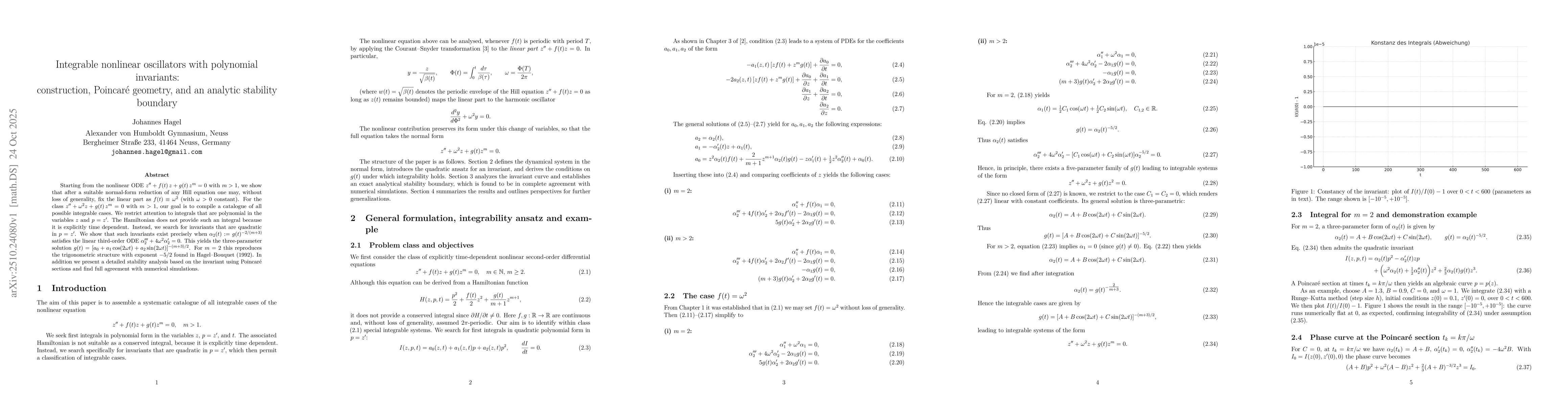 Thumbnail for Integrable nonlinear oscillators with polynomial invariants:
  construction, Poincare geometry, and an analytic stability boundary