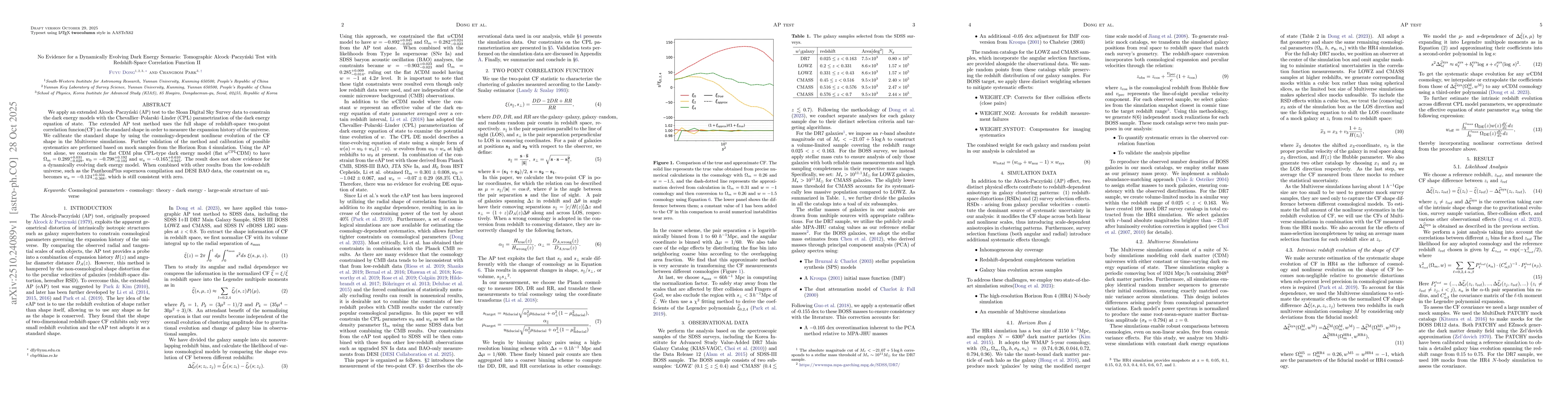 Thumbnail for No Evidence for a Dynamically Evolving Dark Energy Scenario: Tomographic
  Alcock-Paczyński Test with Redshift-Space Correlation Function II