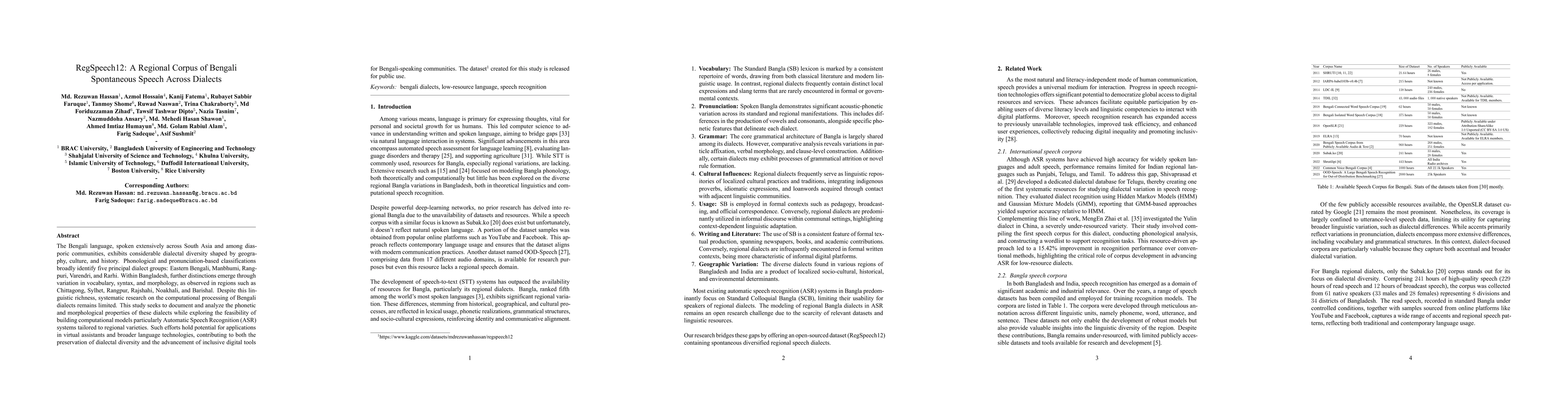 Thumbnail for RegSpeech12: A Regional Corpus of Bengali Spontaneous Speech Across
  Dialects