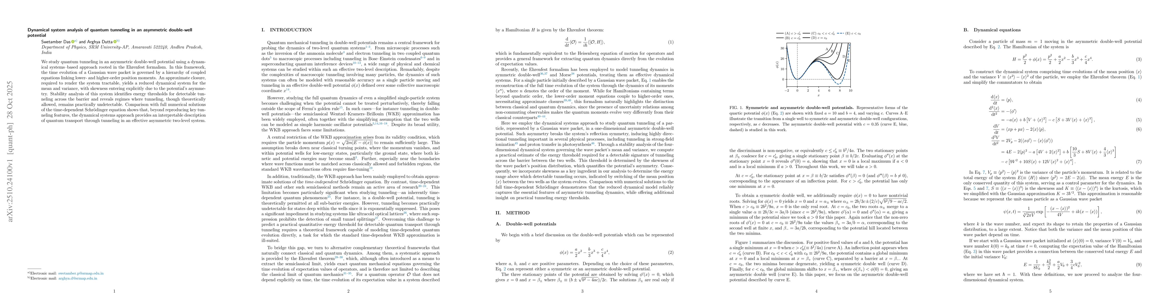 Thumbnail for Dynamical system analysis of quantum tunneling in an asymmetric
  double-well potential