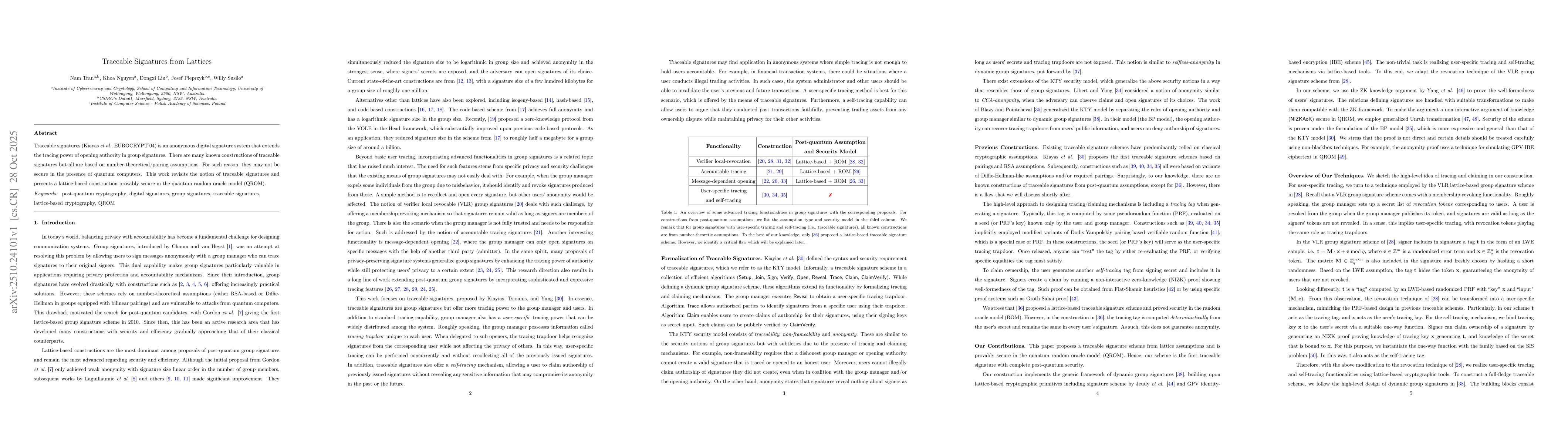 Thumbnail for Traceable Signatures from Lattices
