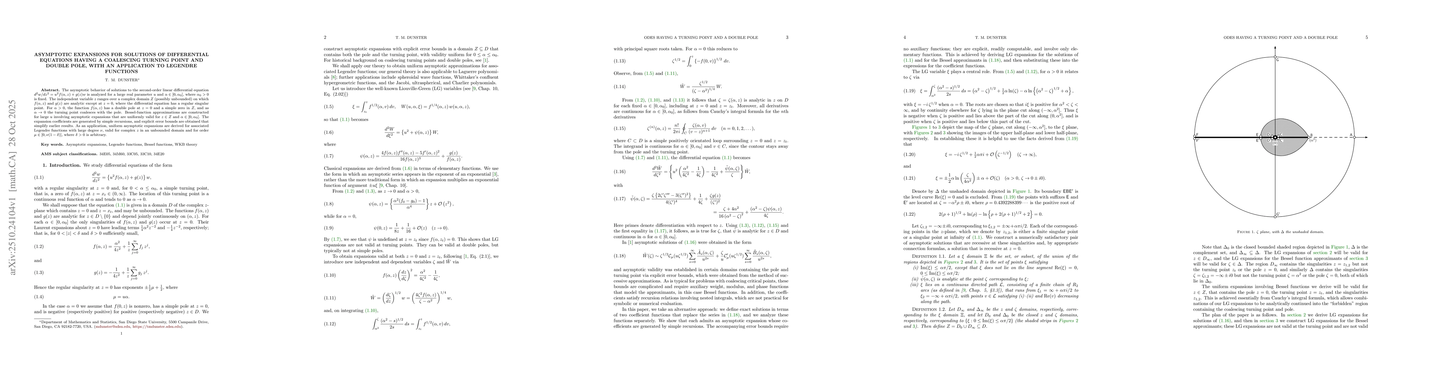 Thumbnail for Asymptotic expansions for solutions of differential equations having a
  coalescing turning point and double pole, with an application to Legendre
  functions