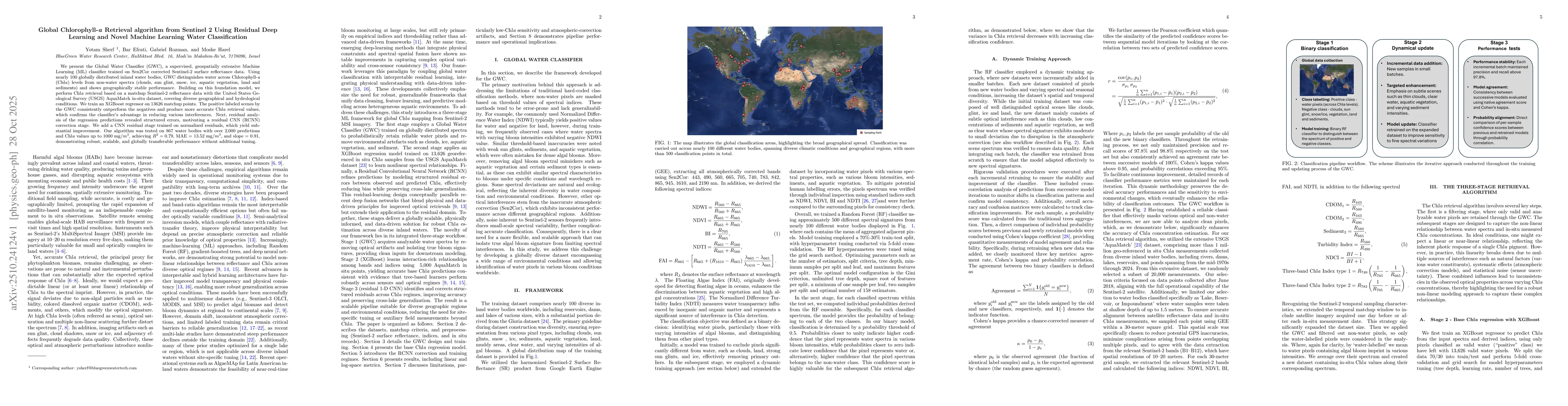 Thumbnail for Global Chlorophyll-\textit{a} Retrieval algorithm from Sentinel 2 Using
  Residual Deep Learning and Novel Machine Learning Water Classification