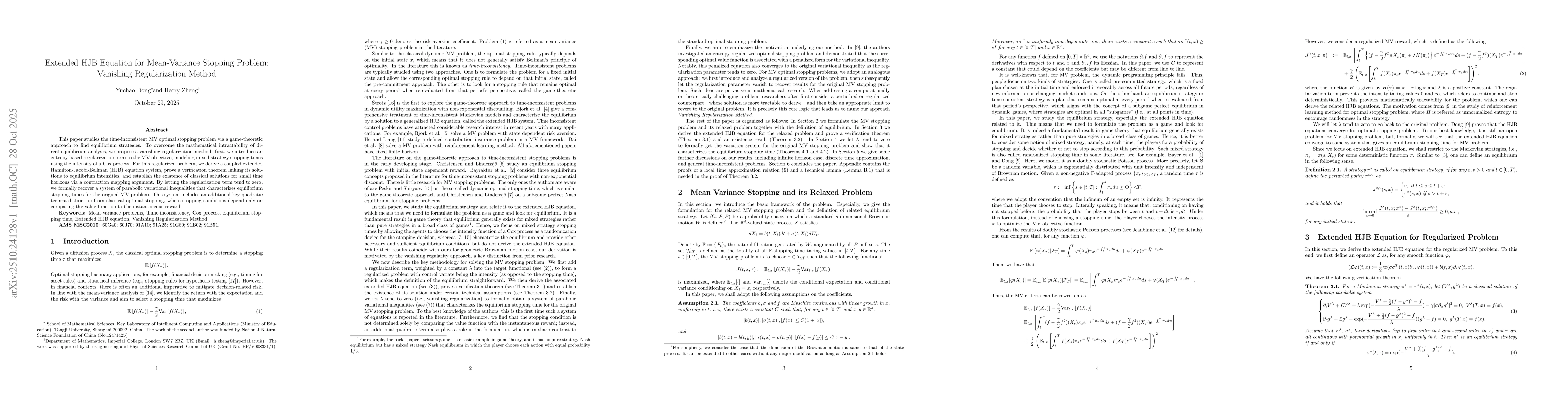 Thumbnail for Extended HJB Equation for Mean-Variance Stopping Problem: Vanishing
  Regularization Method