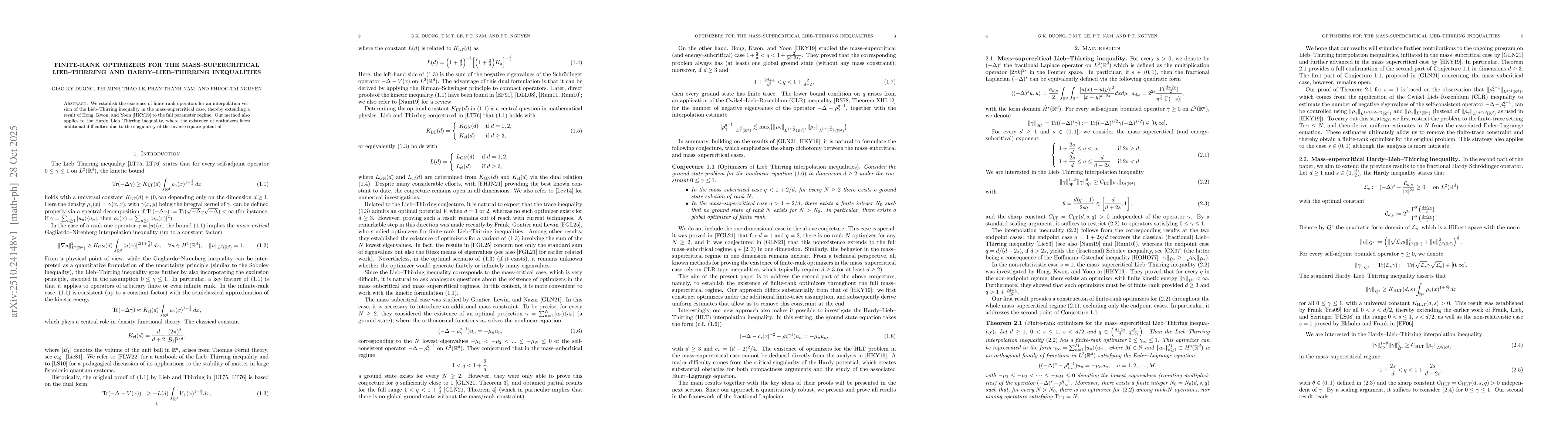 Thumbnail for Finite-Rank Optimizers for the mass--supercritical Lieb--Thirring and
  Hardy--Lieb--Thirring Inequalities
