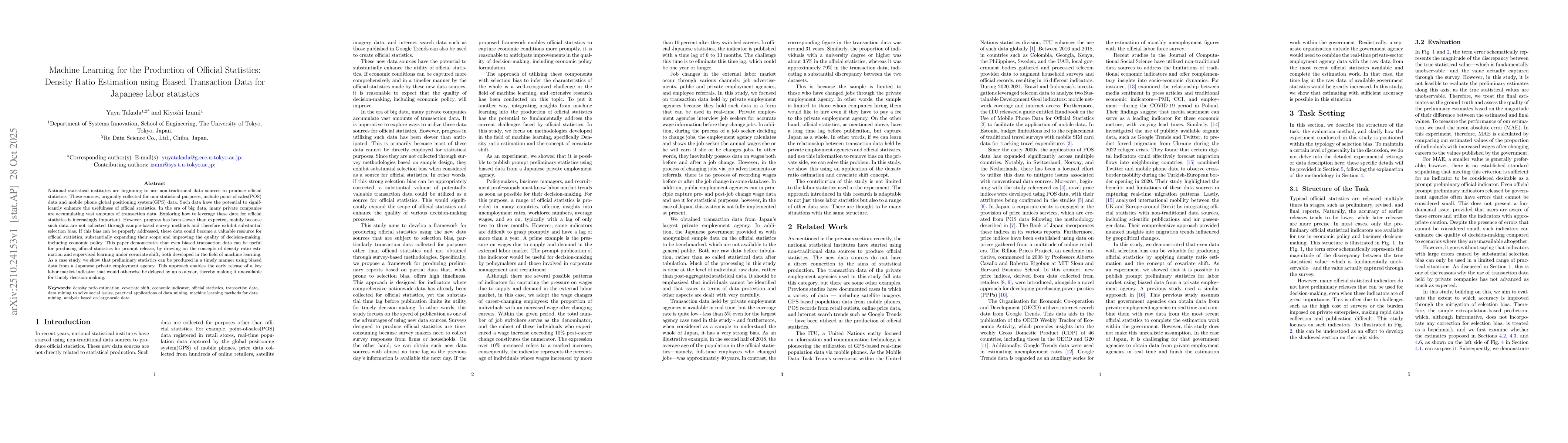 Thumbnail for Machine Learning for the Production of Official Statistics: Density
  Ratio Estimation using Biased Transaction Data for Japanese labor statistics