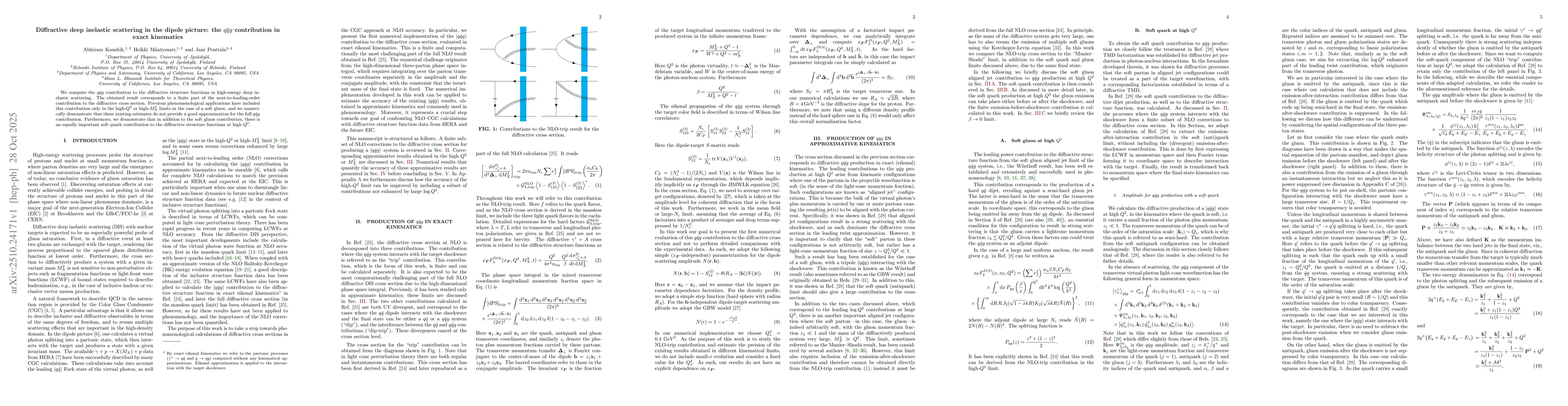 Thumbnail for Diffractive deep inelastic scattering in the dipole picture: the
  $q\bar{q}g$ contribution in exact kinematics