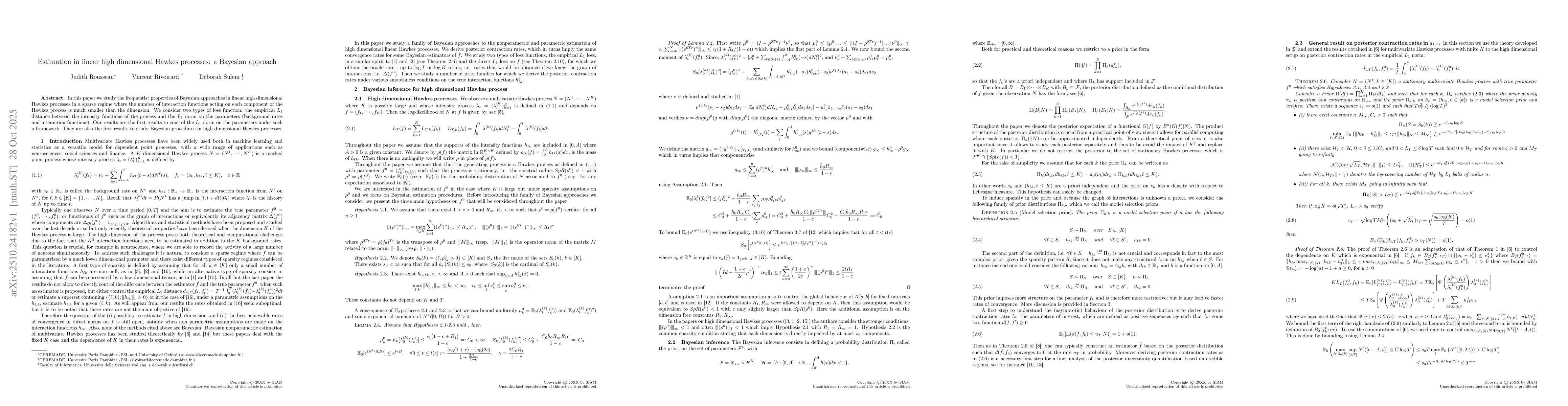 Thumbnail for Estimation in linear high dimensional Hawkes processes: a Bayesian
  approach