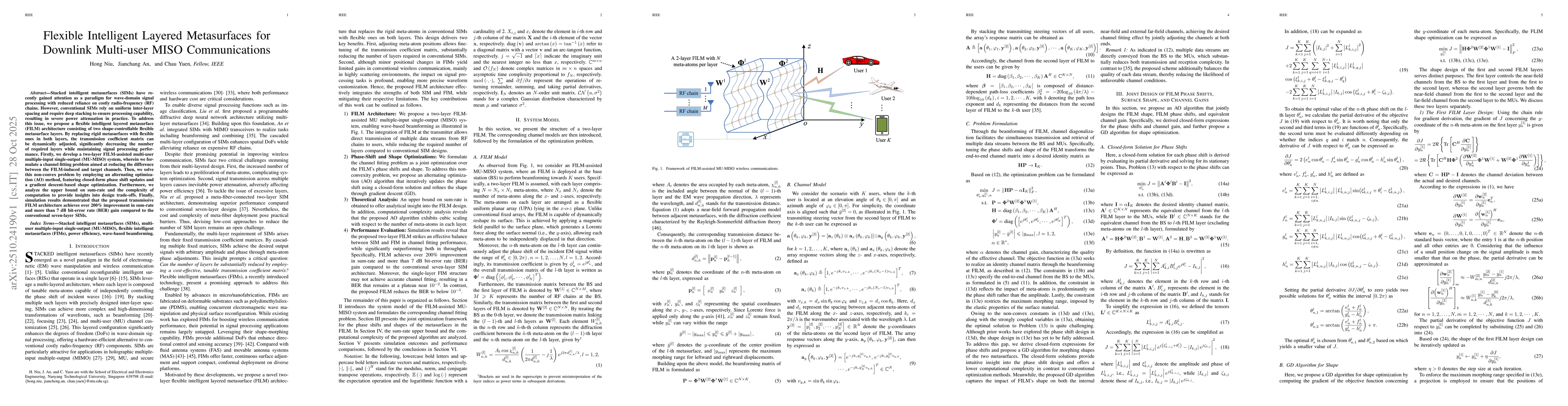 Thumbnail for Flexible Intelligent Layered Metasurfaces for Downlink Multi-user MISO
  Communications
