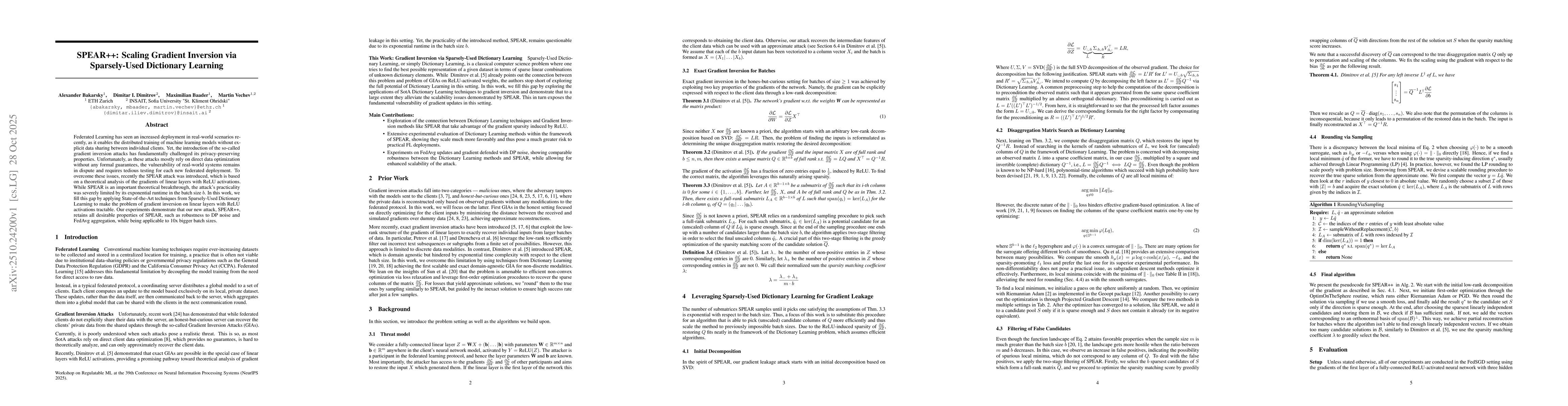 Thumbnail for SPEAR++: Scaling Gradient Inversion via Sparsely-Used Dictionary
  Learning