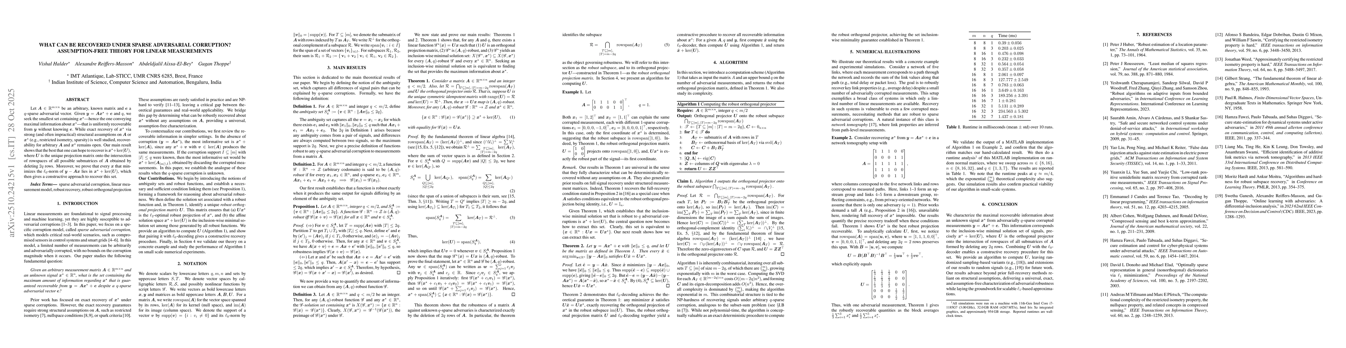 Thumbnail for What Can Be Recovered Under Sparse Adversarial Corruption?
  Assumption-Free Theory for Linear Measurements